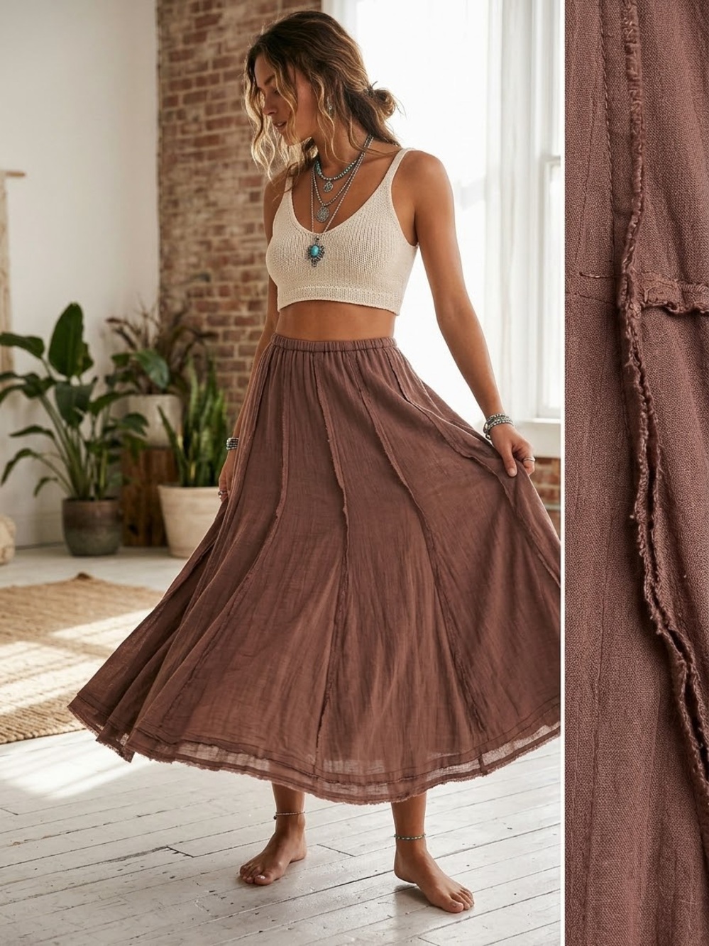 Free People Brown Gauze Maxi Skirt Bohemian Size XS